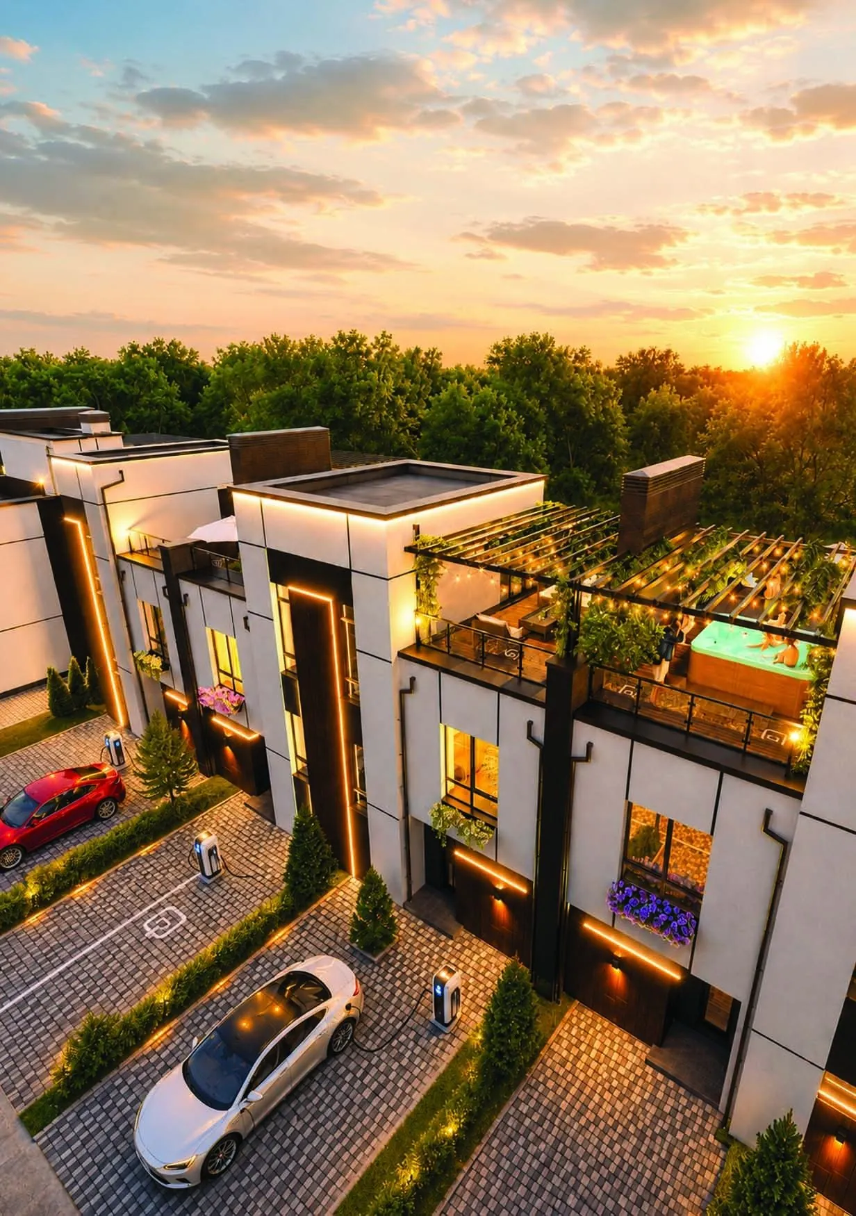 Townhouse facade with a rooftop terrace at sunset